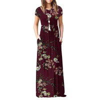 women short sleeve pleated empire waist round neck floral maxi long pockets dress