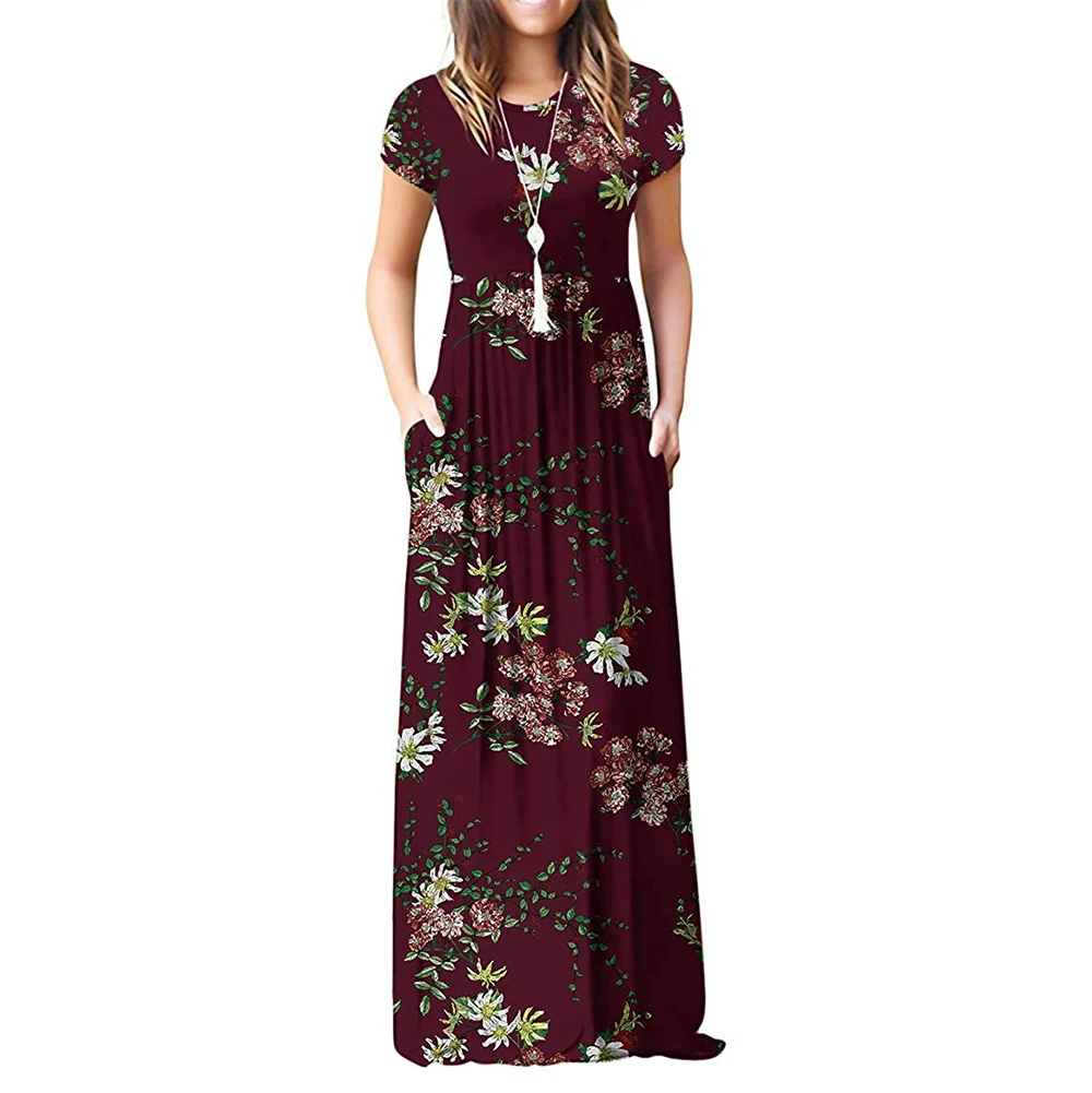 Women Short Sleeve Pleated Empire Waist Round Neck Floral Maxi Long Pockets Dress |