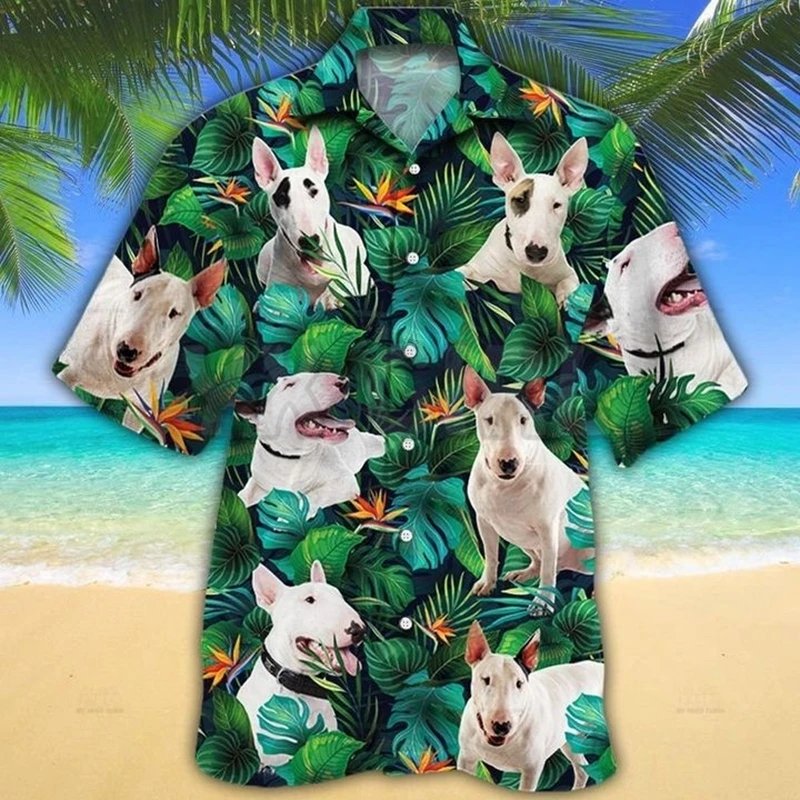 Bull Terrier Tropical Leaves Hawaiian Shirt  3D All Over Printed Hawaiian Shirt Men's For Women's Harajuku Casual Shirt Unisex