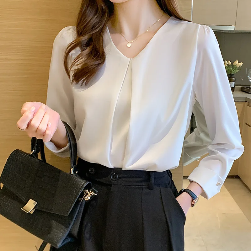 

Женская шифоновая блузка с длинным рукавом, V-образным вырезом