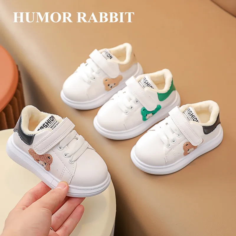 Baby Bear Autumn Winter Sneakers Children White Shoes Girls Plus Cotton Wool Warm Kids Soft Sole Toddler Shoes Boys Board Shoes