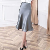 korean england style office lady simple solid satin elegant summer skirt women faldas mujer moda skirts women loose