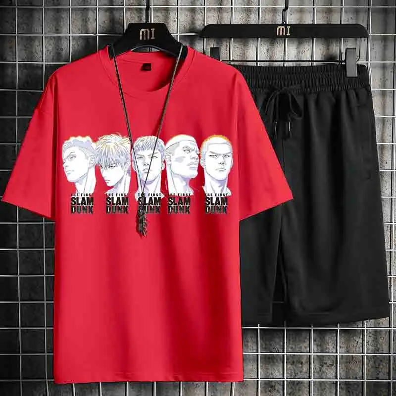 Men's Set Clothing Slam Dunk Print Tshirt and Shorts 2 Piece Set outfits Summer Vintage Casual tracksuit set men sweat suit