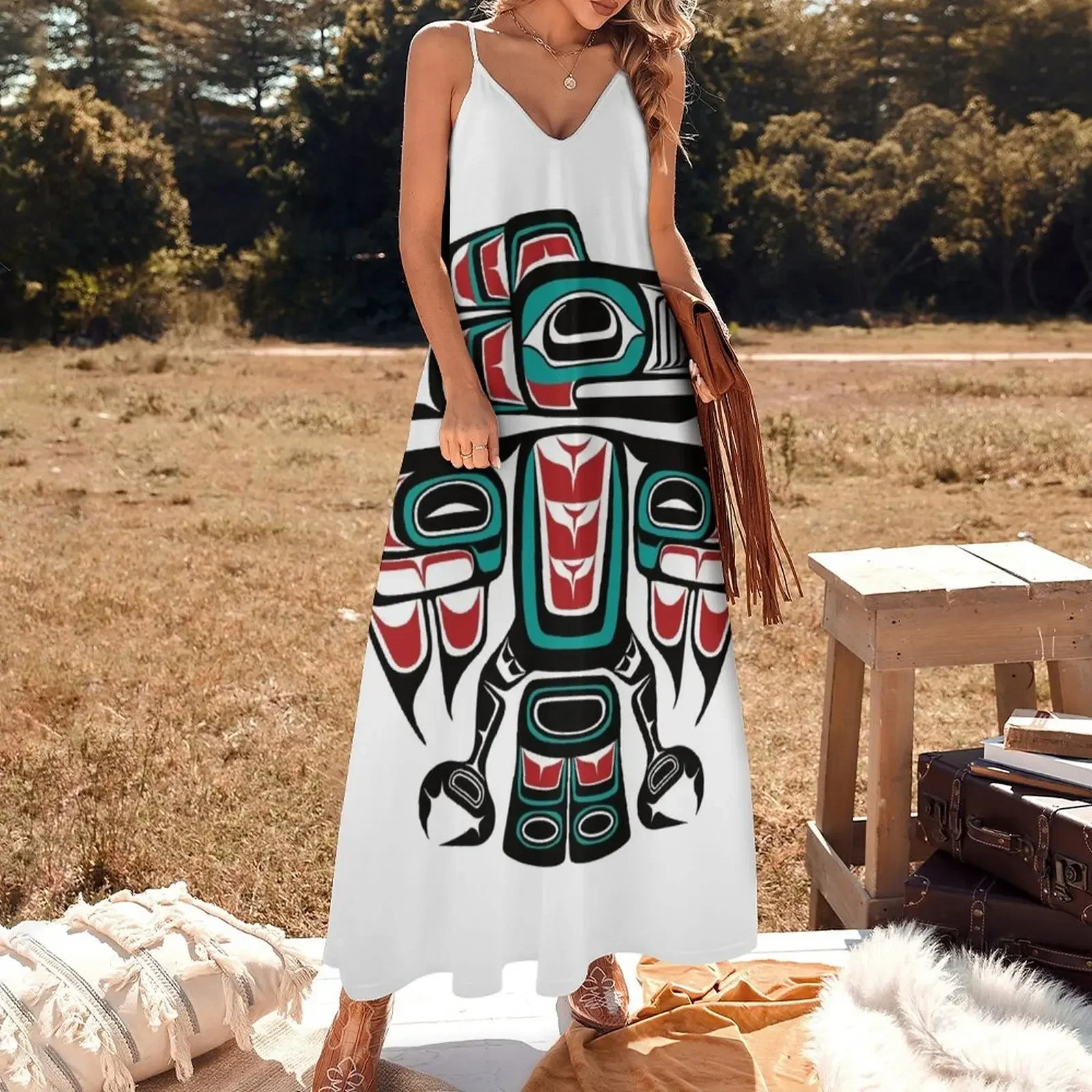 Платье Haida Tlingit с вороном без рукавов летнее женское платье 2024
