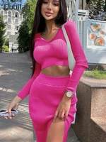 knitted two piece set women skirt and crop top 2022 autumn winter solid color long sleeve top sexy split long skirt sexy outfits
