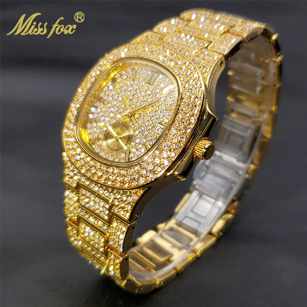 

Relogio Masculino MISSFOX Hip Hop Streetwear Cuban Stone Stainless Steel Double Dial Square Watch For Men Waterproof Wholesale