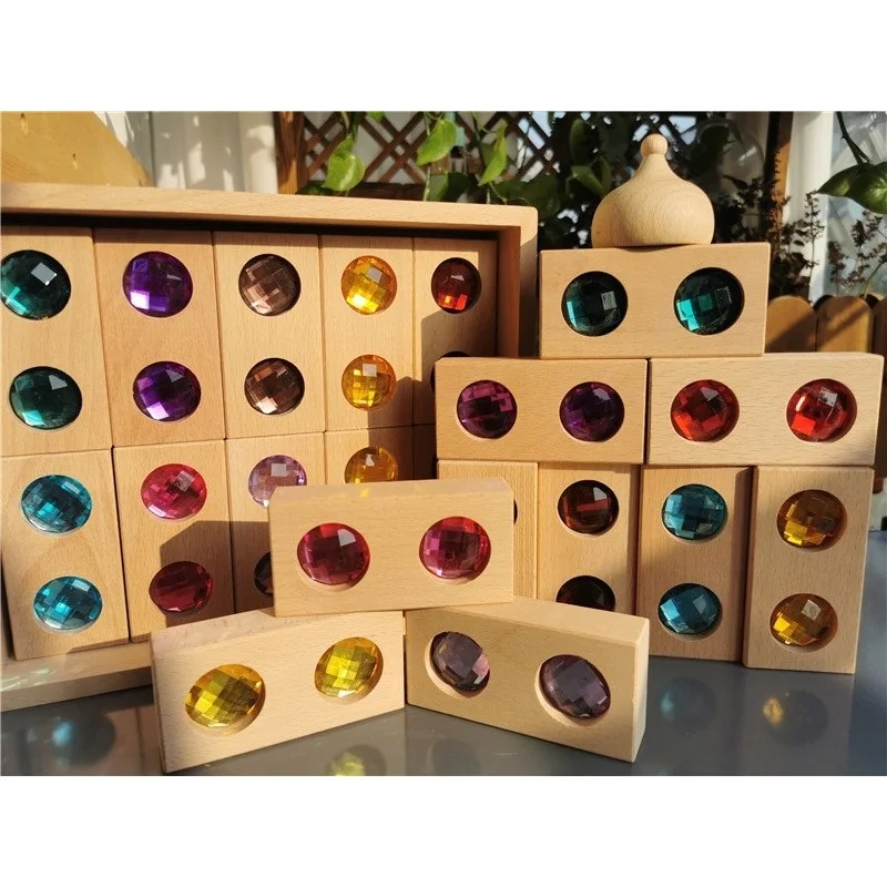 

Kids Large Building Stacking Street Blocks Wooden Toys Double Sparkling Gemstones Crystal Gems