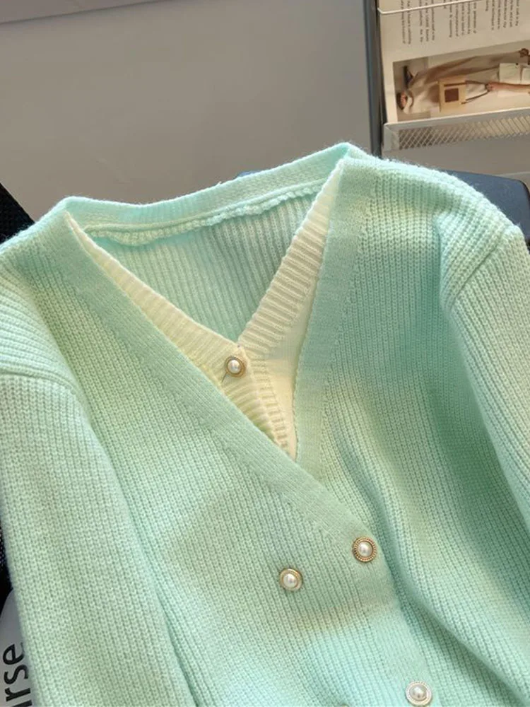 Корейские модные осенне-зимние зеленые кардиганы однобортный уютный лоскутный