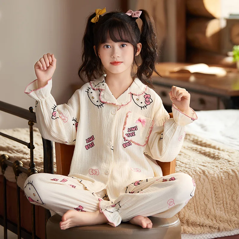 

Kawaii Sanrio Hello Kitty Kuromi My Melody New Children's Pure Cotton Gauze Long-Sleeved Pajamas Summer Thin Section Lounge Suit