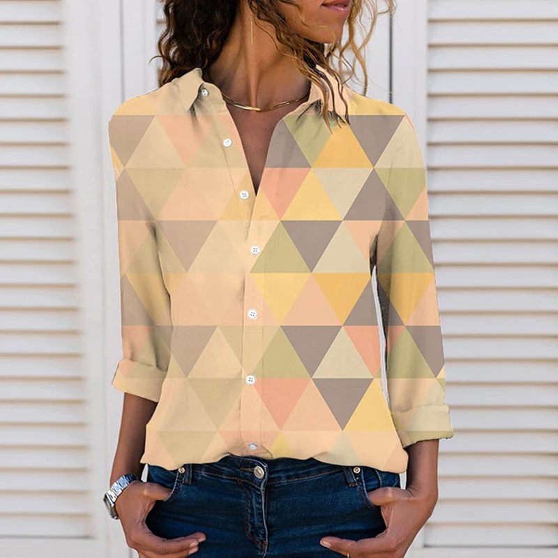 

New Autumn Women Harajuku Shirts Long Sleeve Lapel 3D Printed Geometric Pattern Streewear Tops Female Casual Shirt Clothing