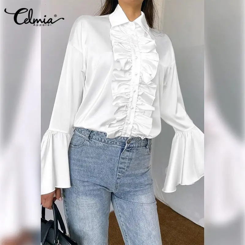 

Celmia 2022 Women Flared Long Sleeve Shirt Vintage Ruffle Lapel Collar Solid Blouse Casual Loose Pleated Tops Spring OL Blusas