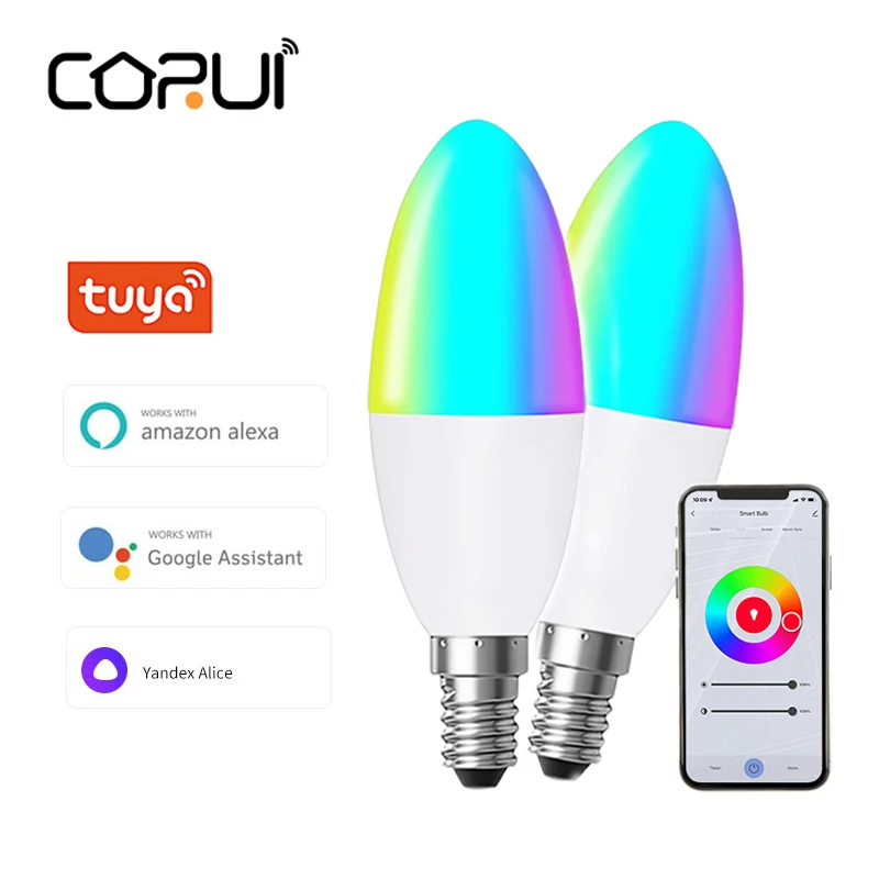 CoRui TUYA Smart WiFi E14 Свеча RGB Светодиодная лампа 100-240 В с регулируемой яркостью лампы