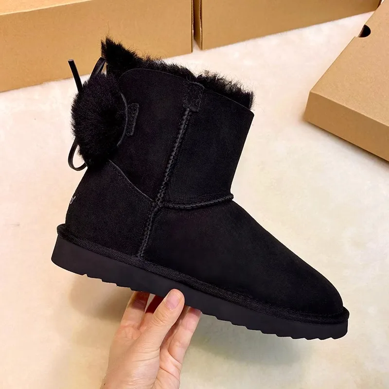 Женские ботинки высокого качества зимние сапоги с милым бантом из натуральной