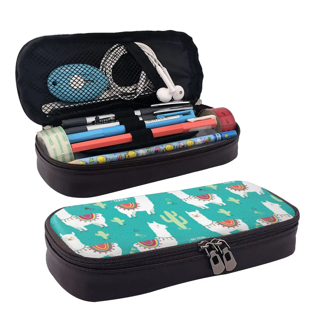 

No Prob-Llama Leather Pencil Case Zipper Pencil Box Stationery Pen Pouch for Boys Girls School Students Work Office