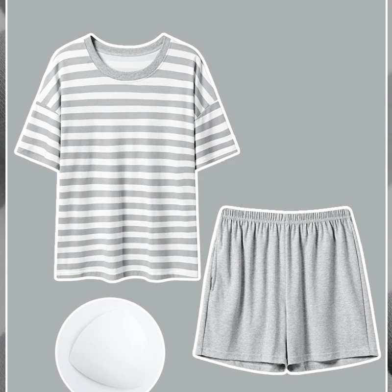 2023 Pajamas Women's Summer Short-sleeved Thin Cotton Home Service with Chest Pad Can Be Worn Outside Comfortable and Soft Suit
