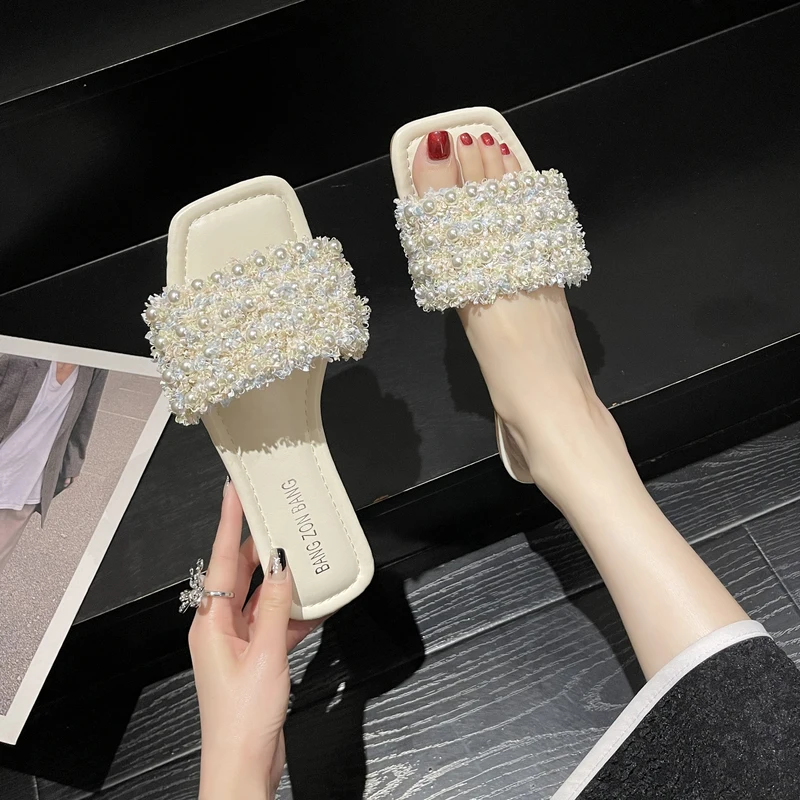 

Female Shoes Slippers Casual Slides Low String Bead 2022 Luxury Flat Rubber PU Cotton Fabric Fashion Basic Female Shoes Low Ladi