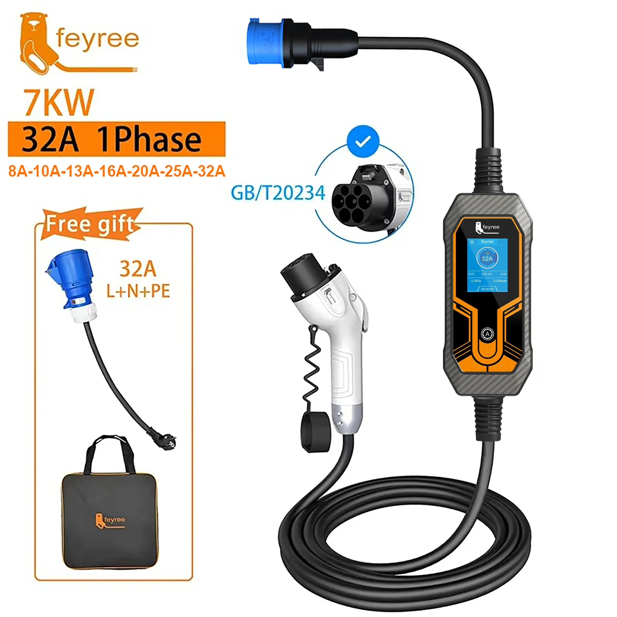 

feyree GB/T шнур 7 кВт 32A 1-фазное зарядное устройство для электромобилей 5 м зарядный кабель портативный зарядный блок регулируемый ток для электромобиля автомобиля