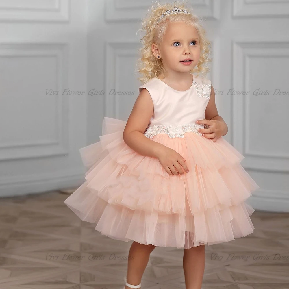 

Applique Puffy Tulle High Low Princess Dress Sequined Tiered Kids Pageant Gowns O-Neck Flower Girl Dress infantil Custom Made