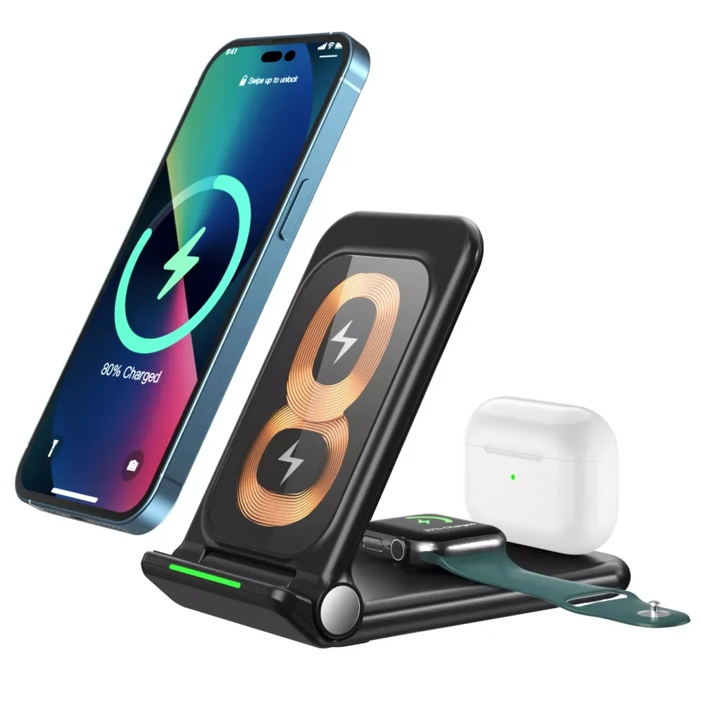 

15W Wireless Charger for // Watch 3-In-1 Transparent Type-C Fast Charger Stand Dual Coil Charger Dock
