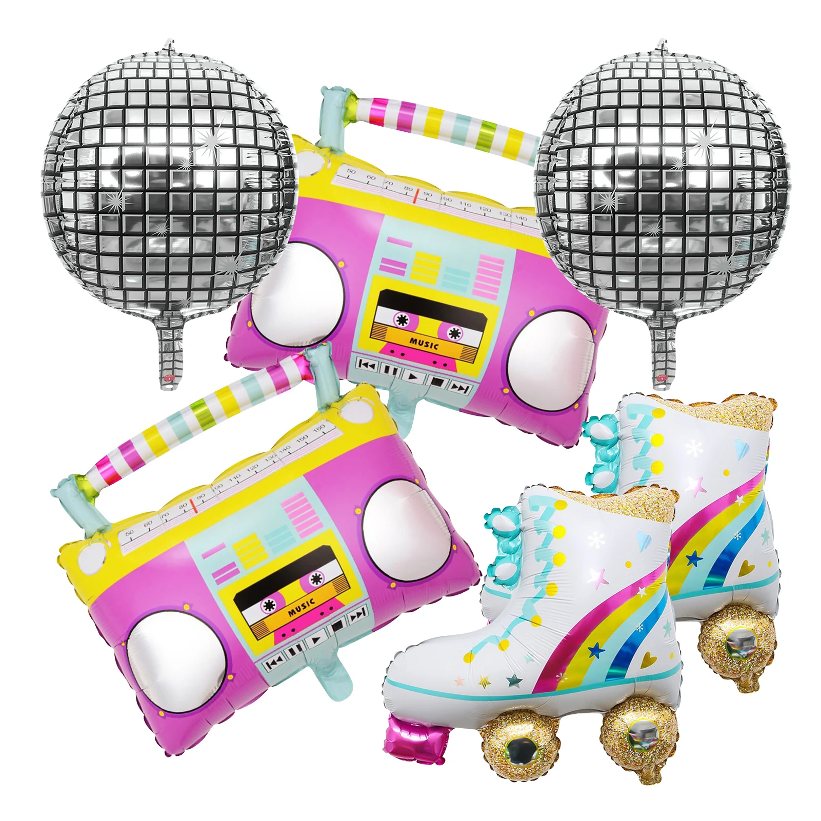 6pcs Retro Disco Aluminum Foil Helium Balloons Round Ball Anniversary Party Decoration Boombox Shape Roller Skate Wedding