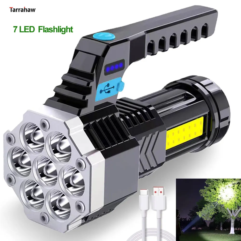 High Power Led Flashlights Cob Side Light Lightweight ABS Material 7LED Rechargeable Flashlight Powerful with Built-in Battery