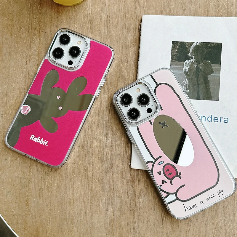 

Cartoon Rabbit Pig Makeup Mirror Film Phone Case For iphone 13 12 14 Pro Max i11 Gril Luxury Shockproof TPU Soft Cover for 14pro