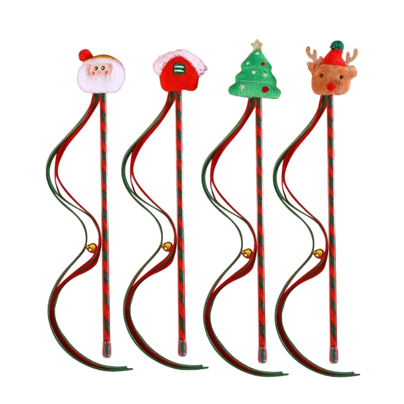 

4pieces Cats Toy Tassels Rod Teaser Wand Christmas Themed Teasing Supplies