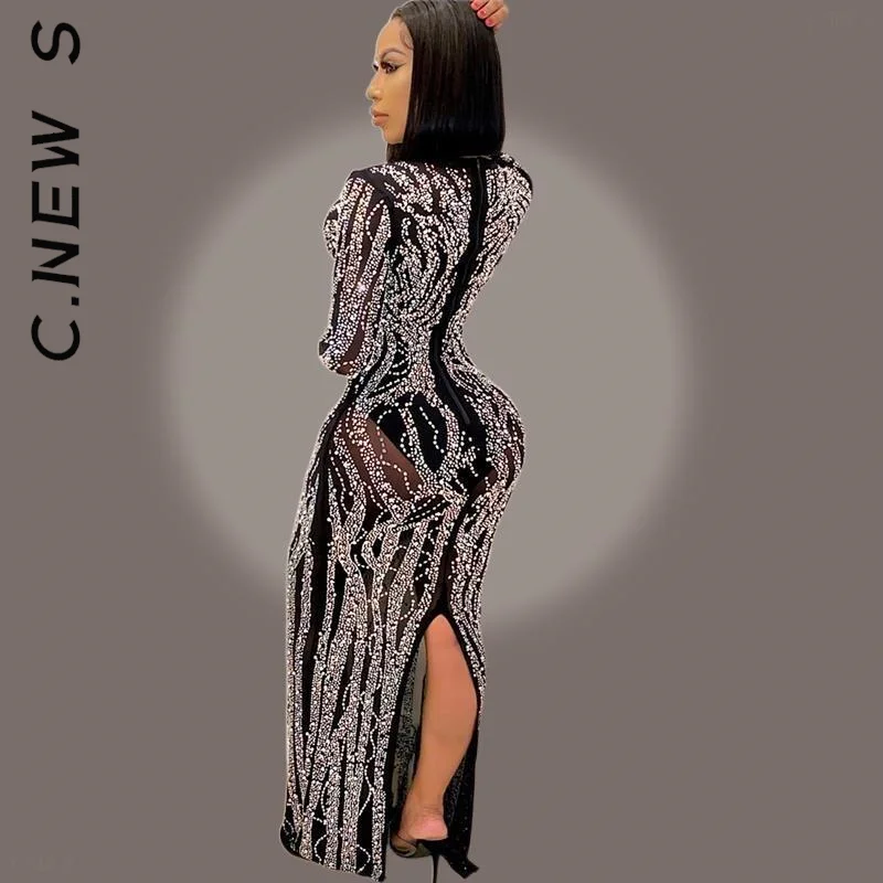 C.New S Глубокий V-образный вырез сетка пэчворк Блестки Кристалл платье для женщин