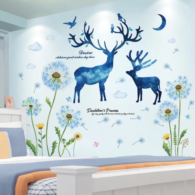 

[shijuekongjian] Blue Dandelions Flowers Wall Sticker DIY Deer Animal Wall Decals for Kids Room Baby Bedroom Home Decoration