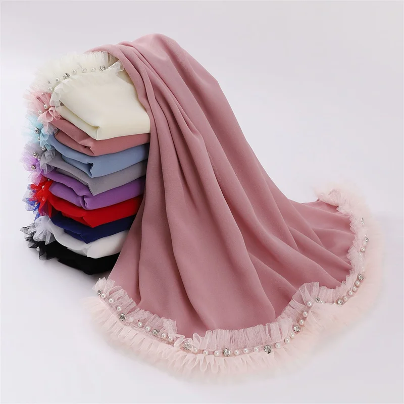 

Rhinestone Chiffon Hijab Veil Ramadan Long Scarf Lace Floral Chain Shawl Women Sunscreen Headscarf Outdoor Windproof Head Wrap