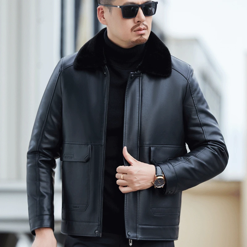 YXL-6621 Winter Thickened Men's Jacket Sheepskin Coat Business Casual Polo Collar Natural Leather Coat Leather Fur One Piece