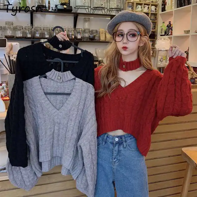 

Pullovers Women Sexy V-neck Cropped Knitwear Solid Sweet Girls All-match Sweaters Lovely Female Korean Daily Long Sleeve Knitted