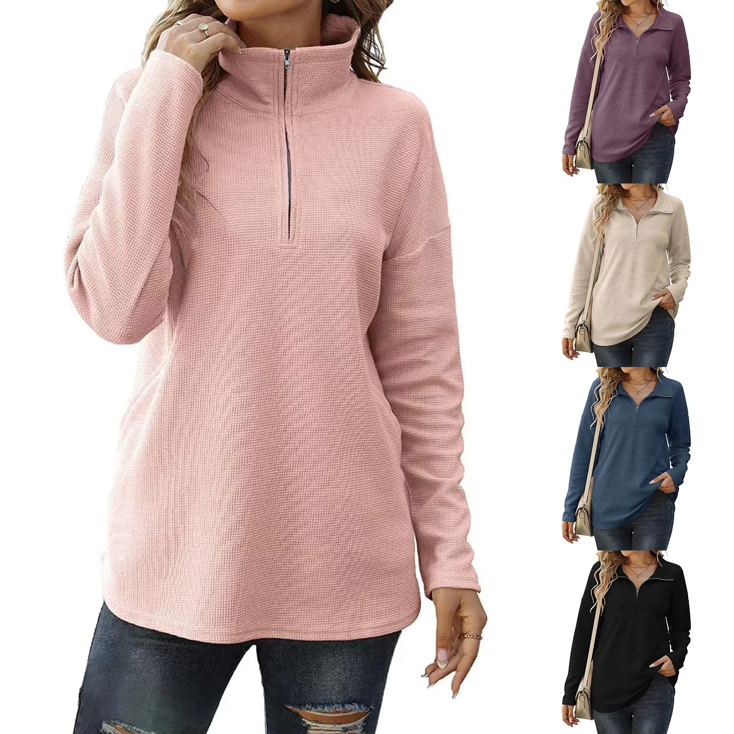 Autumn Winter Women's Loose Zip Pocket Hoodies Pullover Knitwear Long Sleeve Warm Sweatshirts