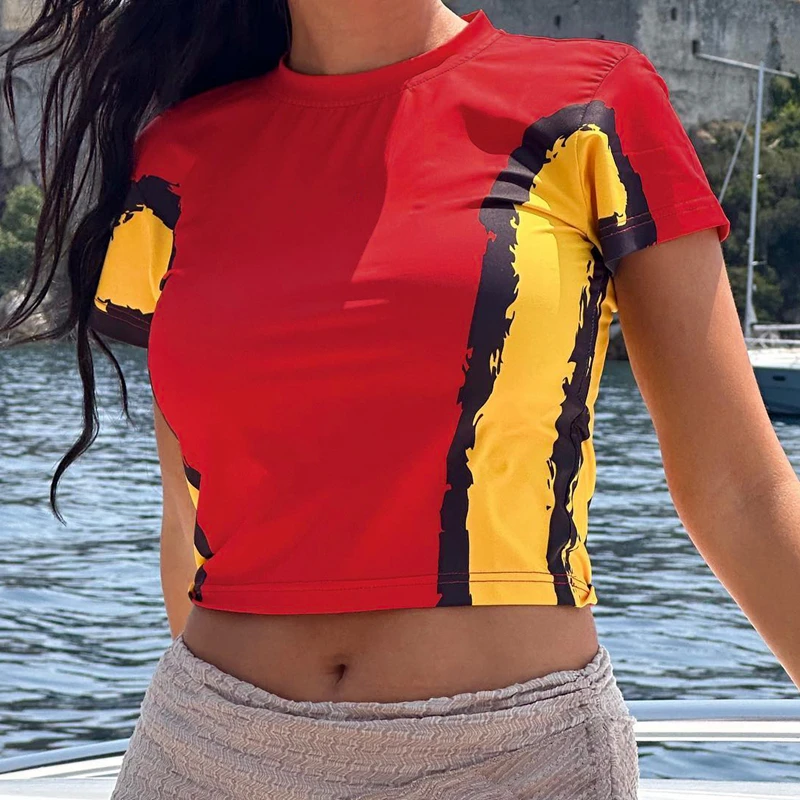 

Lygens O Neck Short Sleeve Print High Waist Crop Top T-Shirt 2023 Summer Autumn Casual Y2K Streetwear Patchwork Women Clothing