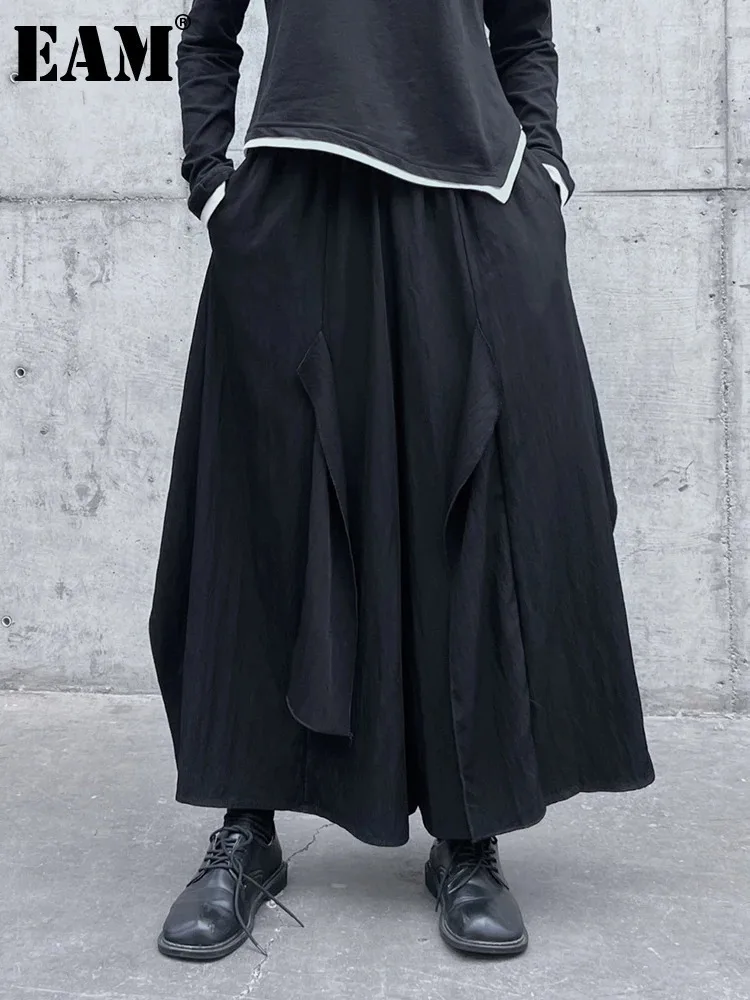 [EAM] Черные длинные широкие брюки с высокой эластичной резинкой на талии новые