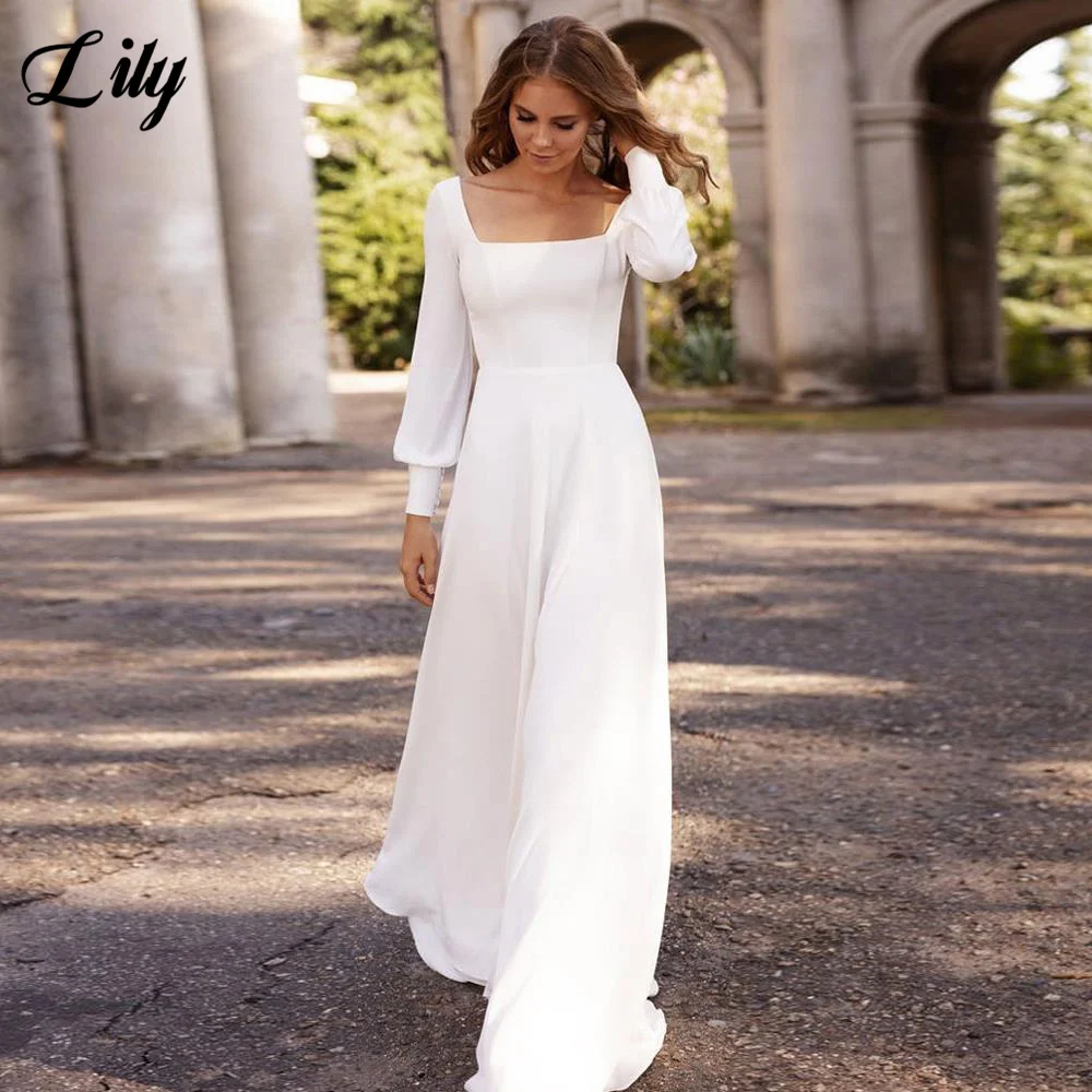 

Simple Long Sleeves Wedding Dress For Women 2023 Modest Square Neck Bride Dresses A Line Marriage Vestido De Noiva Civil Robe