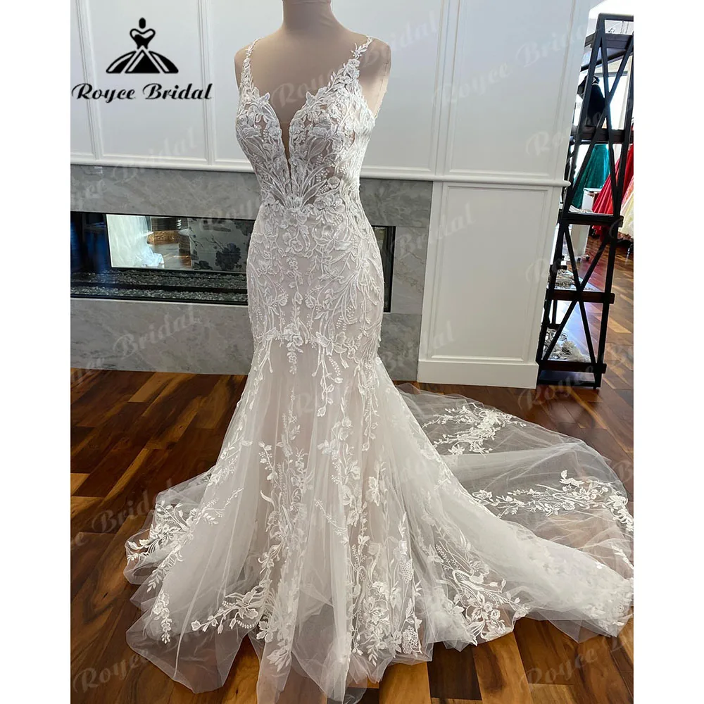

Luxury Mermaid/Trumpet Lace Wedding Dress for Women 2023 Wedding Gowns Spaghetti Straps vestido de boda corte sirena Roycebridal