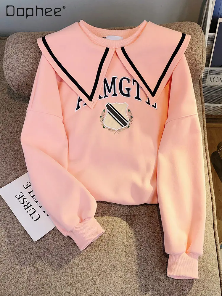 

Women WinterThicken Sailor Collar Brushed Hoodie Student 2022 New Loose Preppy Style Fleece-lined Doll Collar Sweatshirt Trendy