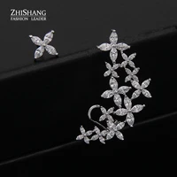 asymmetry brand luxury cubic zircon flower ear cuff stud earrings for women trendy white gold color leaf fashion jewelry