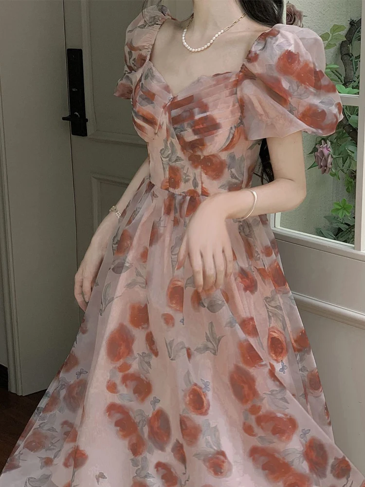 

Женское винтажное платье принцессы, розовое платье с цветочным принтом, повседневное длинное платье во французском стиле с пышными рукавами, лето 2019