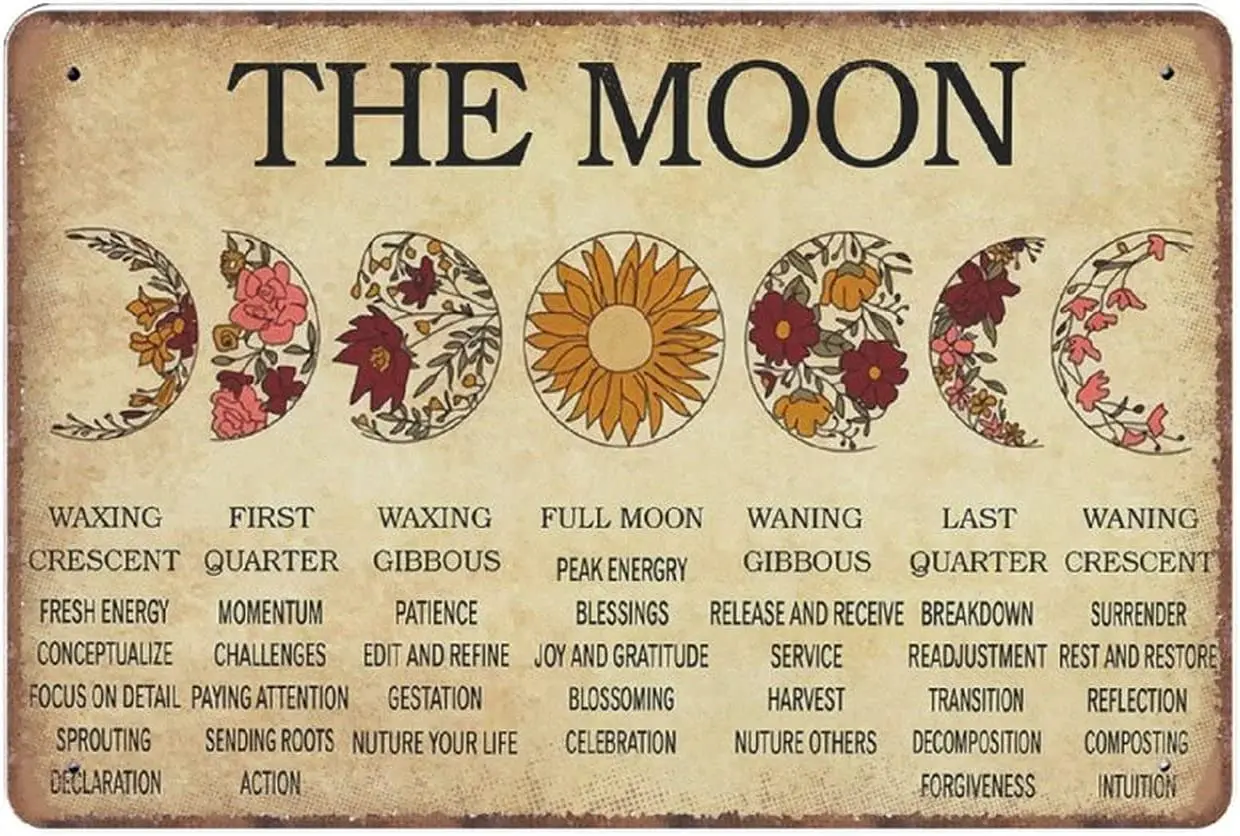 

Оловянные знаки в виде фазы Луны, дикий цветок Луны, Лунная фаза, настенное искусство, подарок для влюбленных Луны, Ретро Забавный металличе...