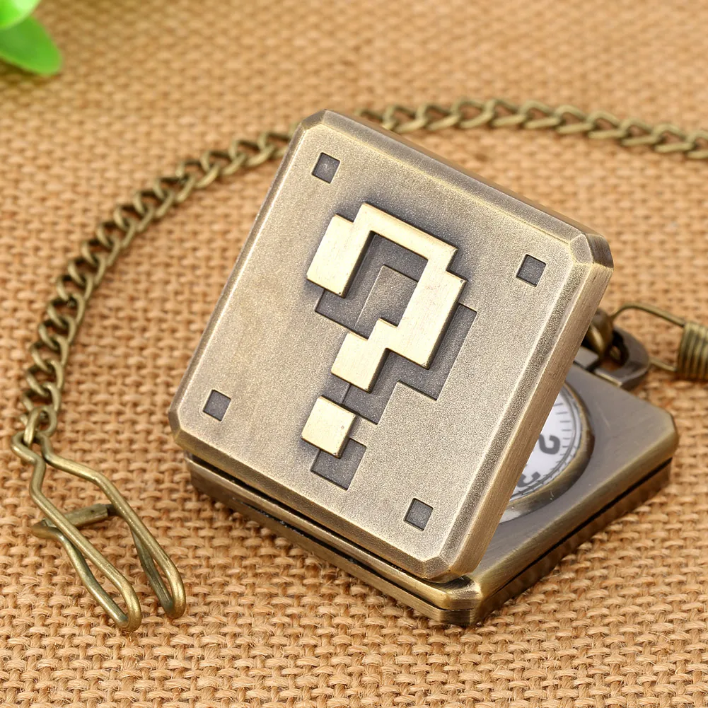 New Quartz Pocket Watch Pendant Creative Square Fun Question Mark Pattern Bronze Fob Watch Necklace Analog Clock Gift for Men