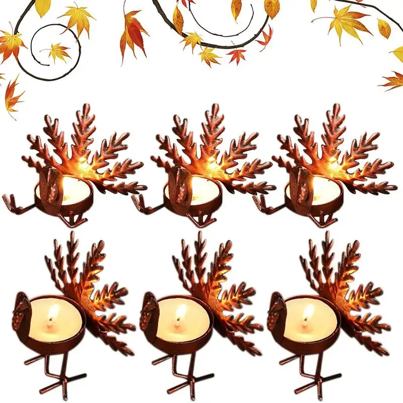 Thanksgiving Decor Metal Turkey Shape Candle Holders 6pcs Table Centerpiece Decorative Rustic Tea