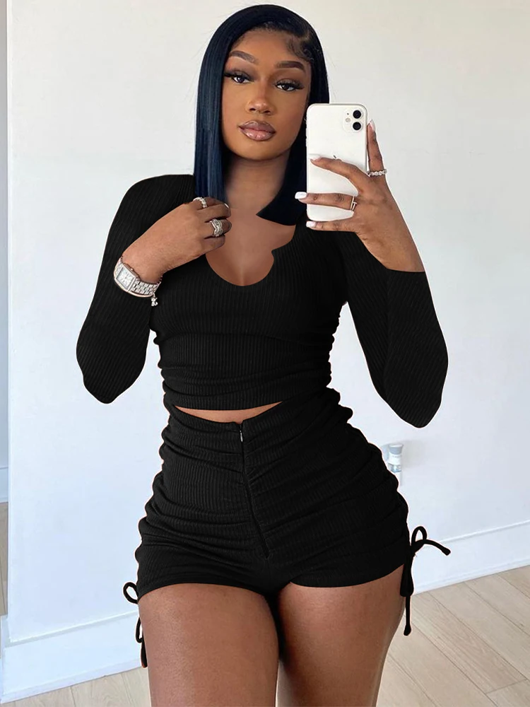 

Потрясающие бандажные комплекты из двух предметов для женщин, облегающие футболки с длинным рукавом и U-образным вырезом и короткие спортив...