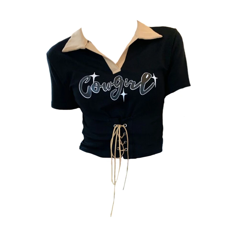

Gothic Women Crop Tops Short Sleeve Sexy T-shirt 2022 New Vintage Harajuku Print Streetwear Punk Style Lapel T-shirt