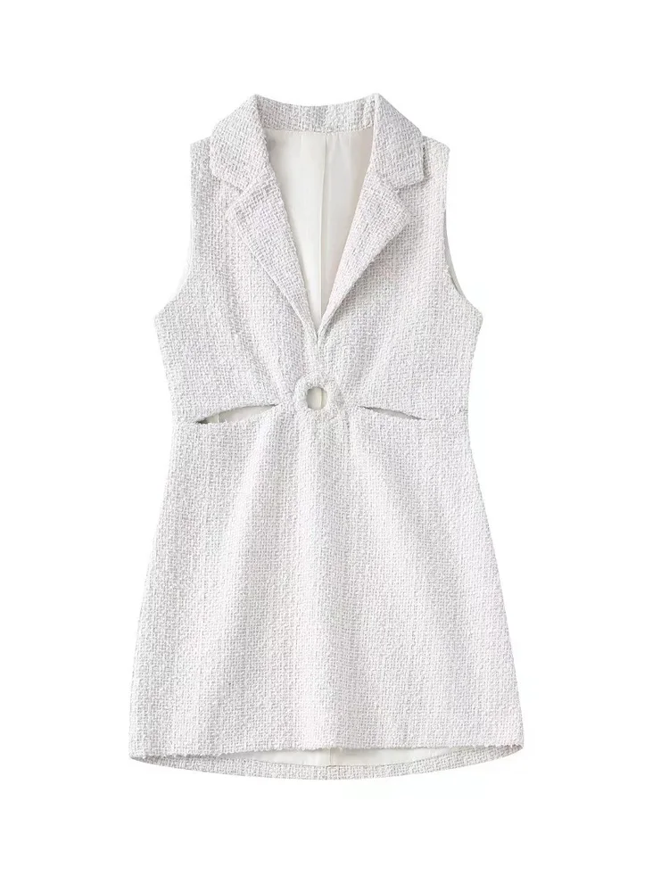 

2022 Summer Women Tank Mini Dress Casual Veins Solid Hollow Out Sleeveless Female Elegant Street A-Line Dresses Clothing