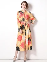 fashion runway summer long dress womens stand collar puff sleeve single breasted floral print vintage party vestidos n7020