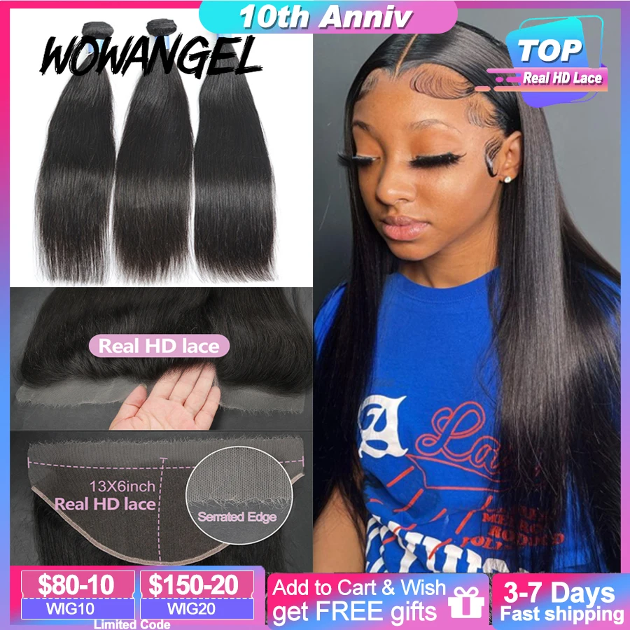 WOW ANGEL HD Lace Frontal With Bundles 32in Straight Brazilian Human Hair Bundles Hair Weave 3/4 Bundles With Closure Extensions