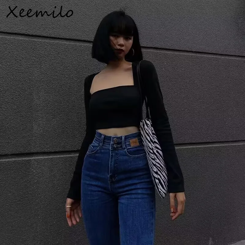 

Xeemilo Y2K Square-neck Long Sleeve T Shirt Fashion Simple Exposed Navel Crop Tops 2022 New Bodycon Skinny Streetwear Women Tees