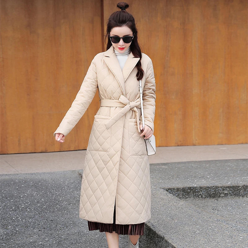 2023 New Woman Jacket Parkas X-long Belted Space Cotton Diamond Plaid Coat Down Women's Over The Knee Winter Clothing Warm Coats